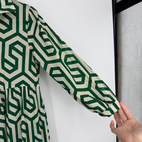 Zara Karen Tiered Midi Dress Geometric Print White Green Womens US XS - Picture 8 of 12